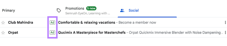 Gmail ads shown in the inbox with "Ad" labels