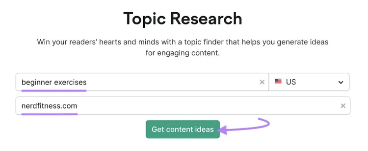 "Beginner exercises" with competitor domain entered into Semrush's Topic Research tool