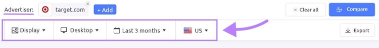 Choose the channel(s), device, time range, and country to analyze in AdClarity