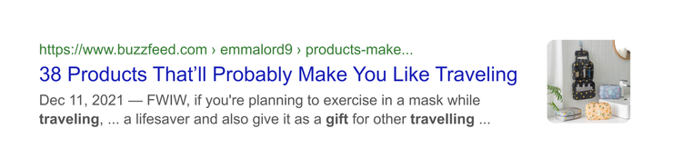 Google search result for travel products article from BuzzFeed with publication date