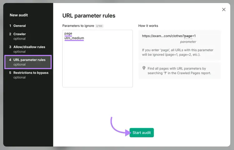 Site Audit URL parameter rules setup screen with page and utm_medium parameters ignored before starting an audit
