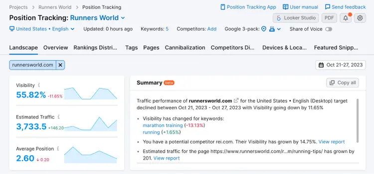 "Landscape" report in Position Tracking tool