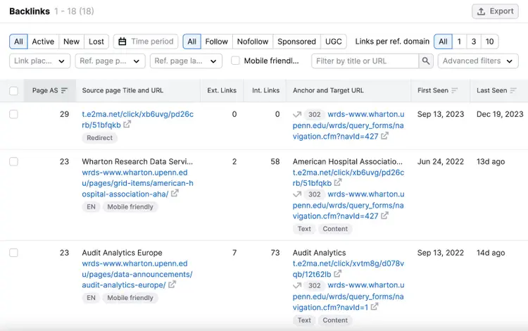 "Backlinks" report in Backlinks tool