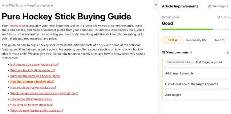 Content editor showing hockey stick buying guide with article improvements panel listing SEO fixes.