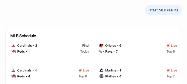"latest MLB results" entered on ChatGPT showing up-to-information of live games and recently concluded ones.
