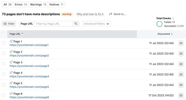 "73 pages don't have meta descriptions" list in Site Audit