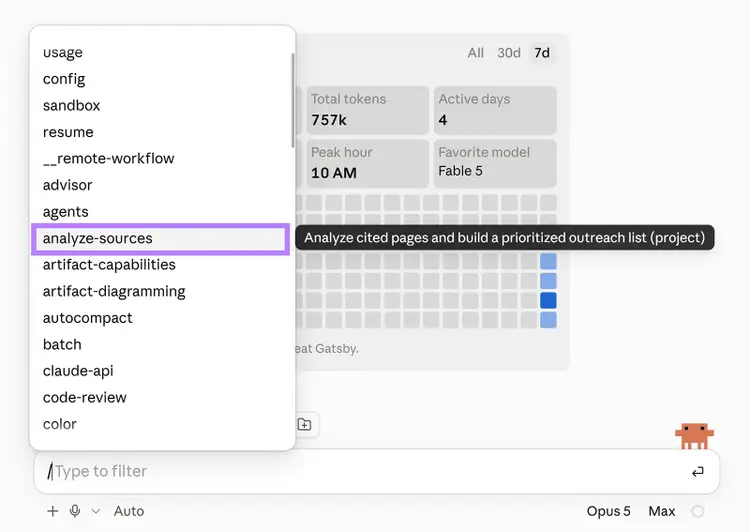 Claude Code command menu with analyze-sources selected to build a prioritized outreach list from cited pages