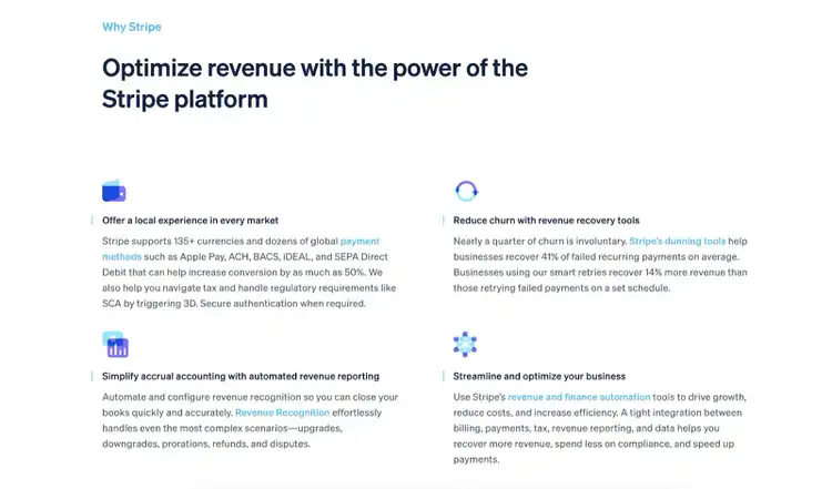 Stripe webpage highlighting global payments, revenue recovery, automated reporting, and finance automation features
