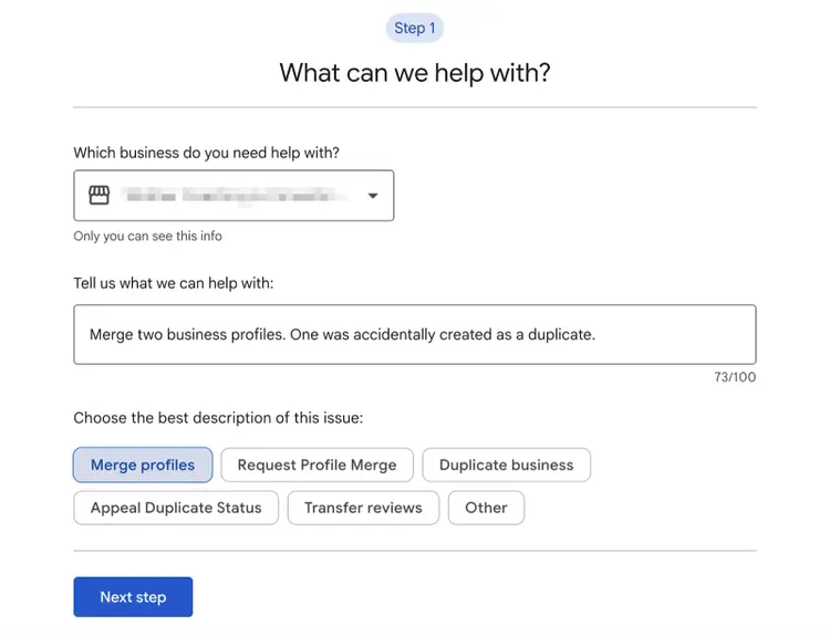 The prompt asks which business you need help with, a description of the problem, and the merge Google Business Profiles option is selected.