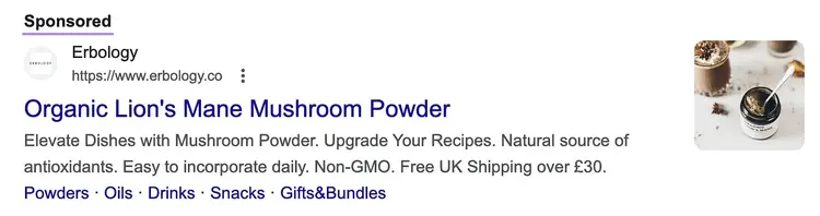 Erbology's search ad for a lion’s mane supplement