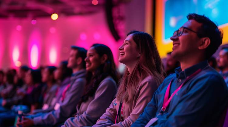 Conference audience members watching stage screens with colorful lighting and wearing badges
