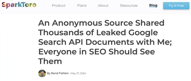 SparkToro article about leaked Google Search API documents