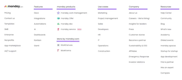monday footer link headers categorized