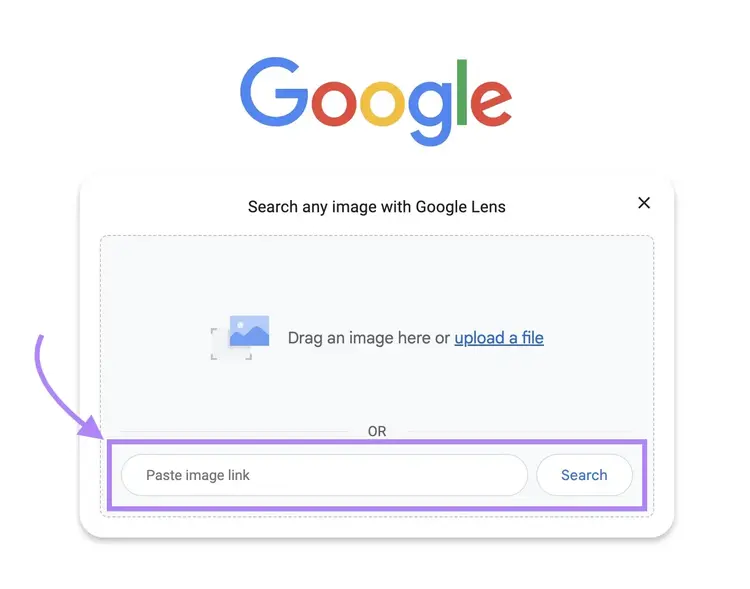 Google image search with the "Paste image link" box highlighted.