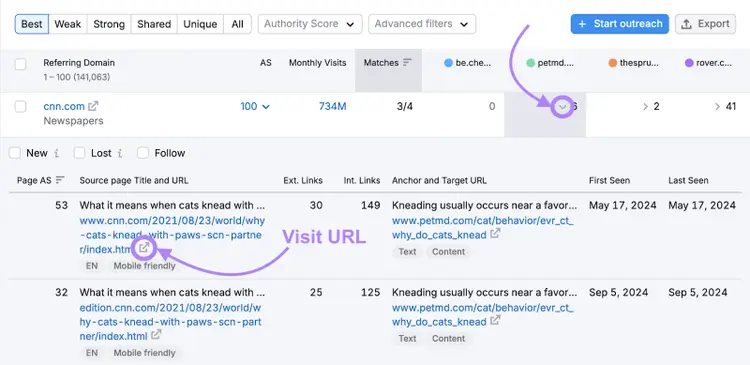 Source pages, their anchor text, and URL are listed once the arrow has expanded