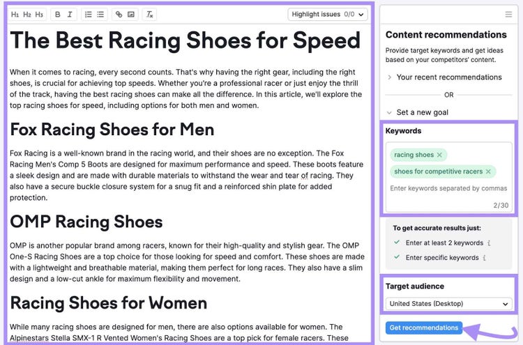 SEO Writing Assistant's text editor and content recommendations section
