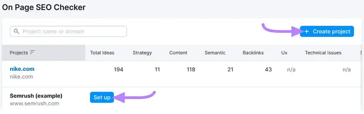 “+ Create project” and "Set up" buttons highlighted in the On Page SEO Checker