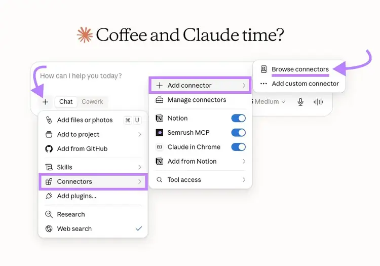 Claude Connectors menu with Add connector selected and Browse connectors highlighted