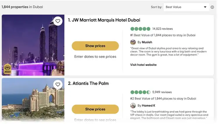 Sample listings on Tripadvisor.