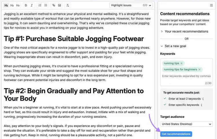 SEO Writing Assistant with content entered, keywords added, a target location added, and "Get recommendations" clicked.