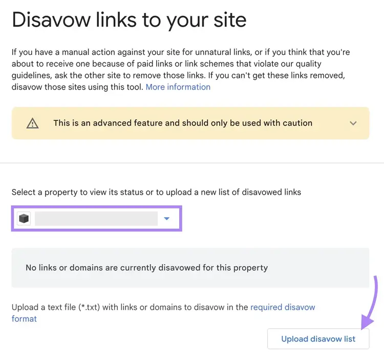 Disavow Links Tool on Google with a property selected and "Upload disavow list" clicked.
