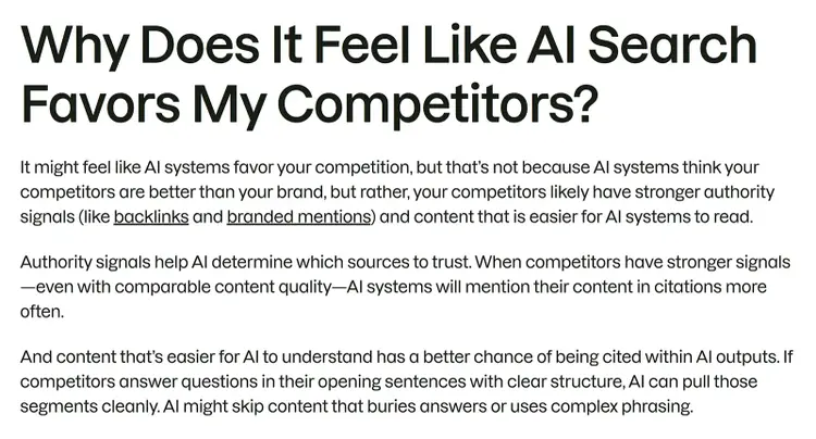 H2 section explaining why AI search may favor competitors with stronger authority signals and AI-friendly content