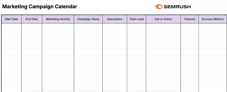 A blank marketing campaign calendar template.
