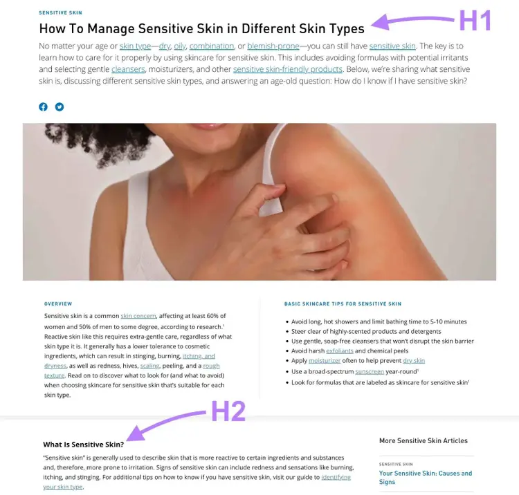 The H1 and H2 tags highlighted on a blog post by CeraVe.