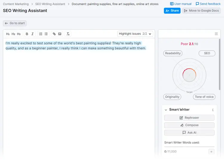 SEO Writing Assistant user interface