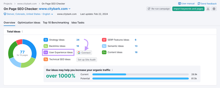 "User Experience Ideas" in On Page SEO Checker tool