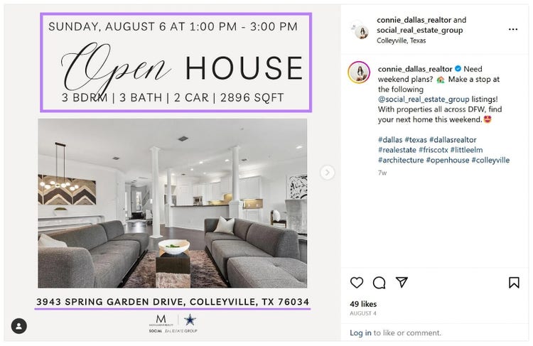 An open house announcement on Instagram
