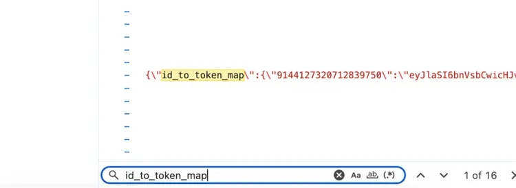 Chrome console showing Base64 encoded string with id_to_token_map variable search