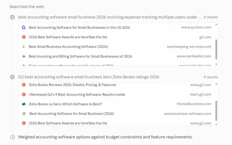 Claude web search details showing accounting software queries and sources used to research recommendations