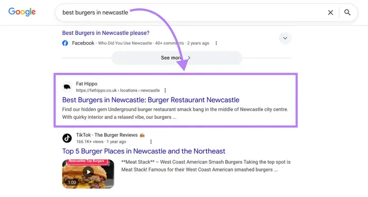 Google SERP showing a business targeting a keyword, "best burgers in newcastle", with one of its location pages.