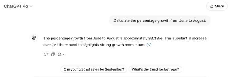 The prompt says "Calculate the percentage growth from June to August." The response says "The percentage growth from June to August is approximately 33.33%. This substantial increase over just three months highlights strong growth momentum."