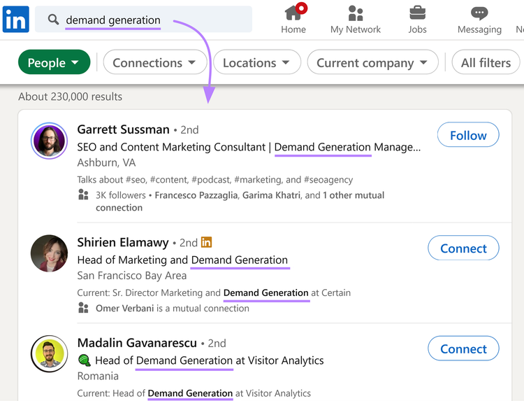 LinkedIn search results for “demand generation” shows profiles that contain target keyword