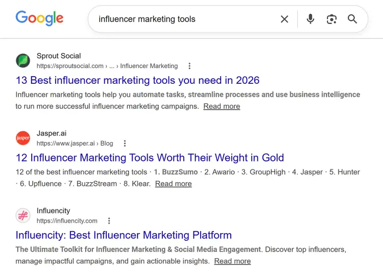 Google results for “influencer marketing tools” featuring list articles from Sprout Social, Jasper, and Influencity