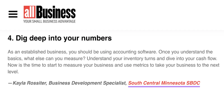 AllBusiness article showing an author bio with a linked organization name