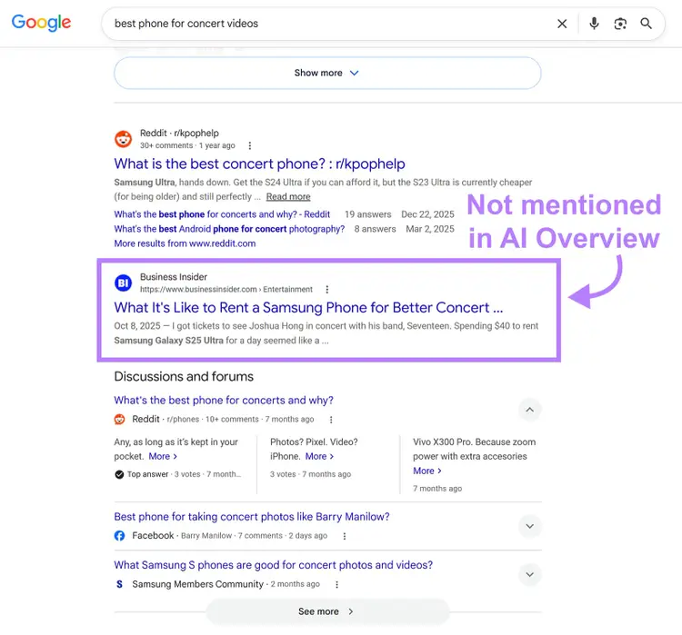 Google results for “best phone for concert videos” with a Business Insider result absent from the AI Overview