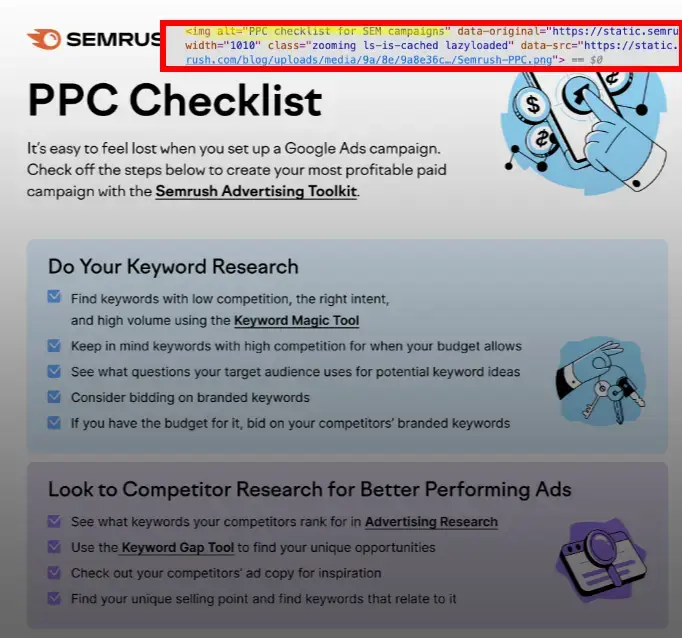 Semrush PPC Checklist for Google Ads with keyword and competitor research