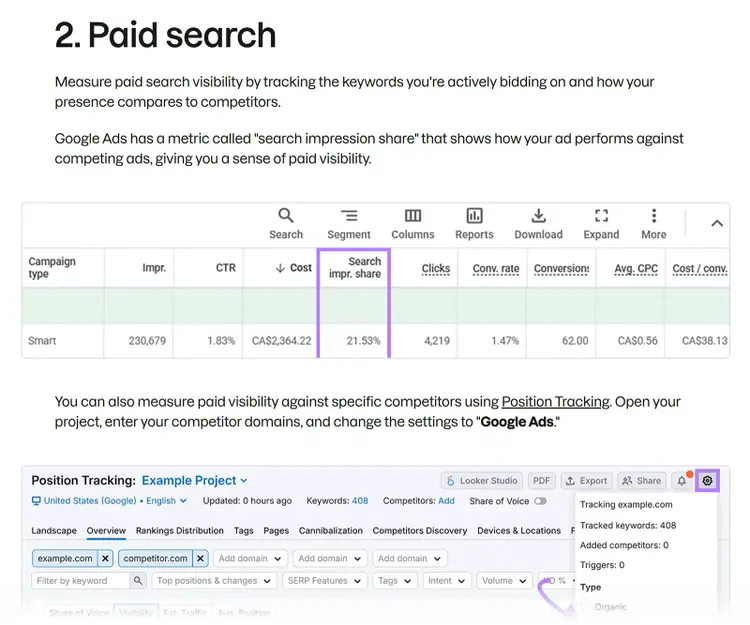 Blog post section with image showing Google Ads report highlighting search impression share metric with surrounding text