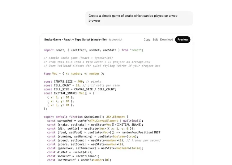 ChatGPT generating code for a game of snake based on a user prompt.