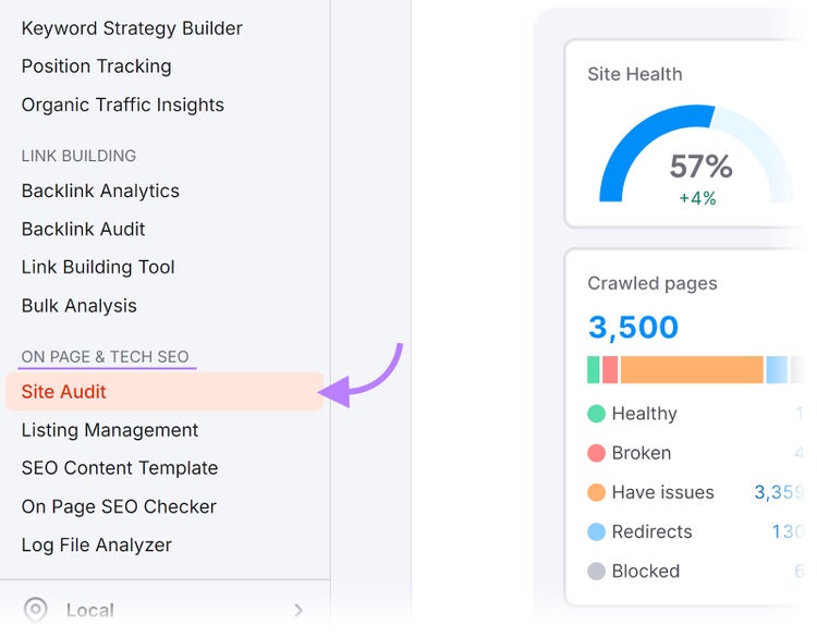Semrush navigation menu with the "On page & Tech SEO" category and "Site Audit" button highlighted.