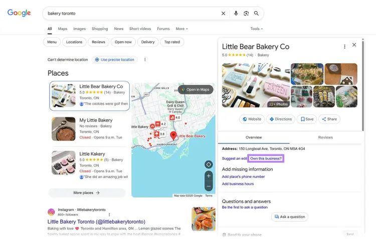 Google business profile for Little Bear Bakery with “Own this business?” link highlighted.