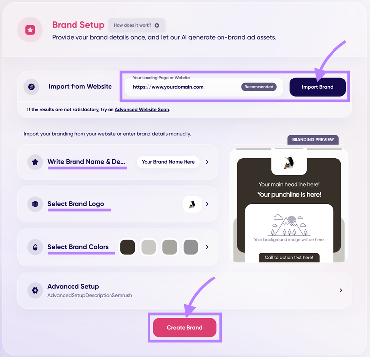 AdCreative.ai Brand Setup with website import and manual entry options