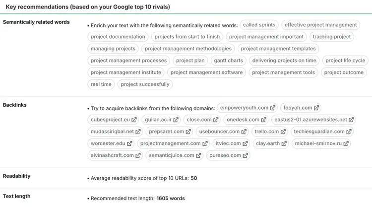 Key recommendations for a keyword on the SEO Content Template showing semantically related keywords, target text length, readability benchmarks, etc.