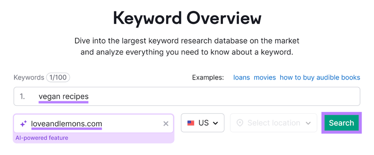 Semrush Keyword Overview tool start with keyword and domain entered and 'Search' button highlighted