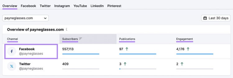Facebook subscribers, publications, and engagement overview shown for "payneglasses.com" in Social Tracker tool