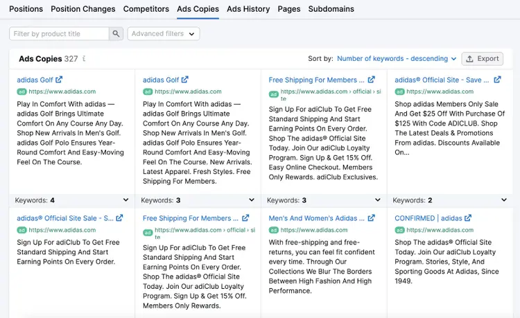 "Ads Copies" dashboard in Advertising Research tool