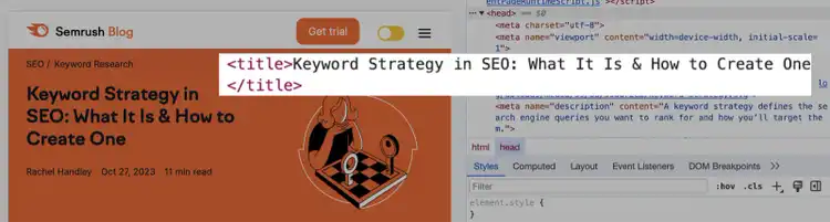 Example of a Semrush blog post showing the title tag "Keyword Strategy in SEO: What It Is & How to Create One" in the page's code.